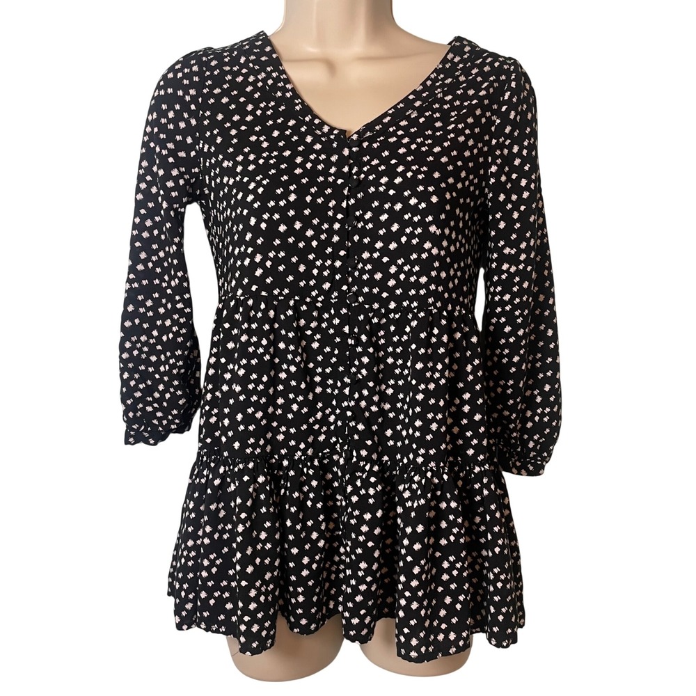 Maeve Anthropologie Lila Black/White Print Tiered Button Up Tunic Top Womens XXS